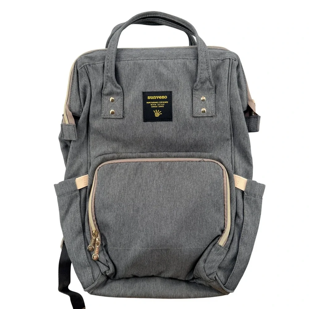 Sunveno Diaper Bag Backpack Grey Heather USB Charging Port Travel Baby Bag